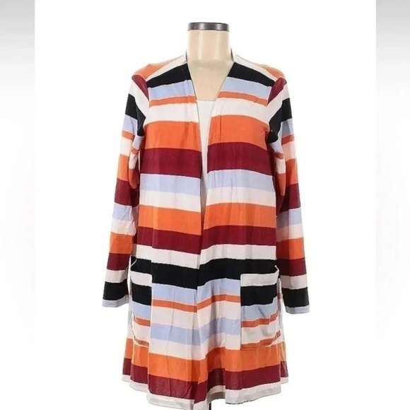 LuLaRoe Striped Caroline Open Front Cardigan Sweater Orange Red Blue Size M - Picture 1 of 2